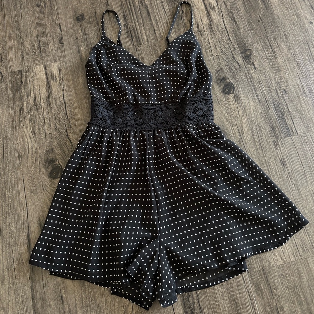 Girly Cute Black Polka Dot Lace-Waist Romper W/ Adjustable Straps Size S